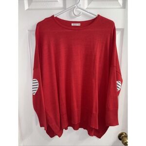 Mersea Amour Poppy Red Sweater  Heart Elbow Patches White Stripes OS